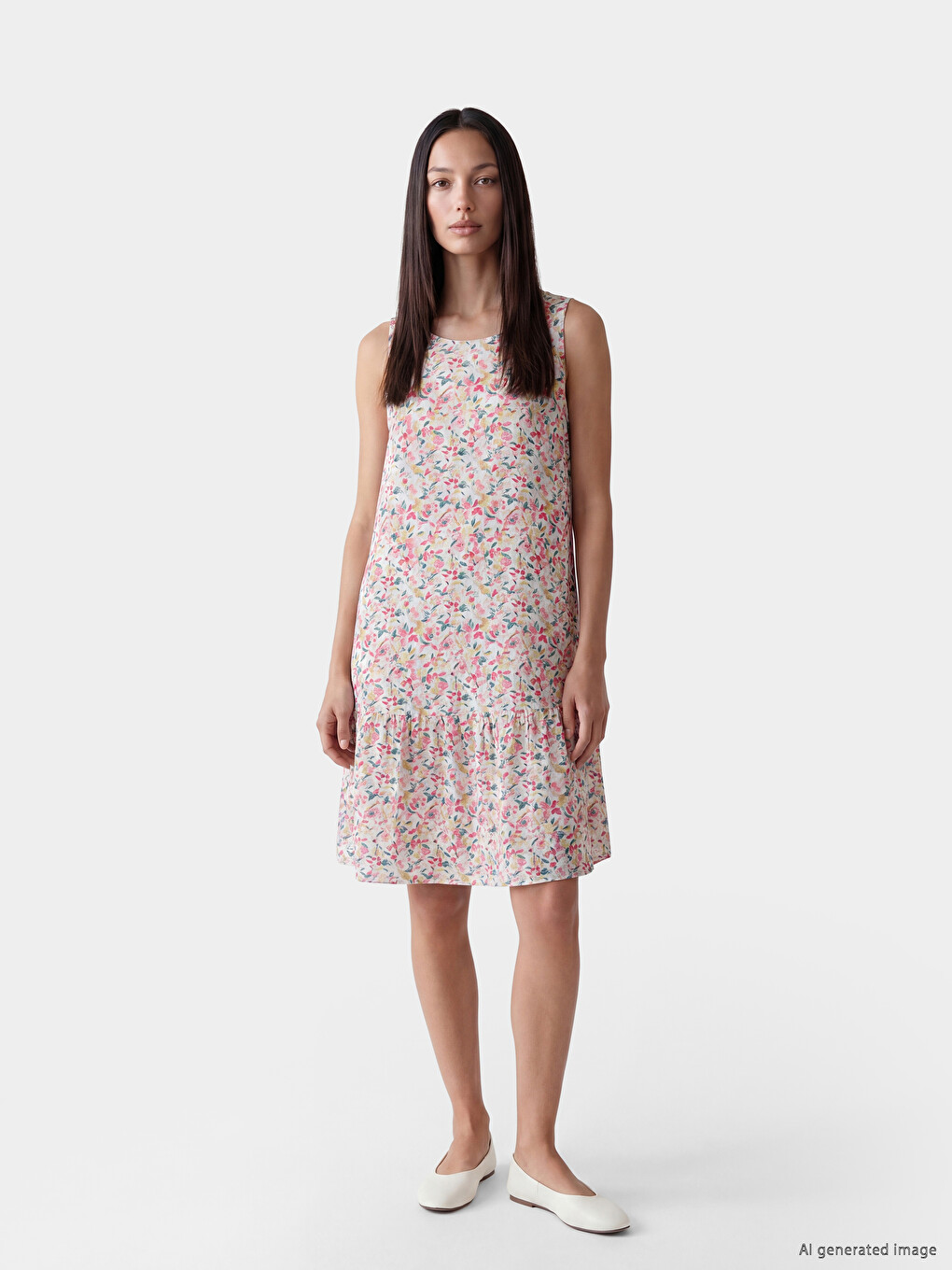 Crew Neck Floral Frilled Dress
