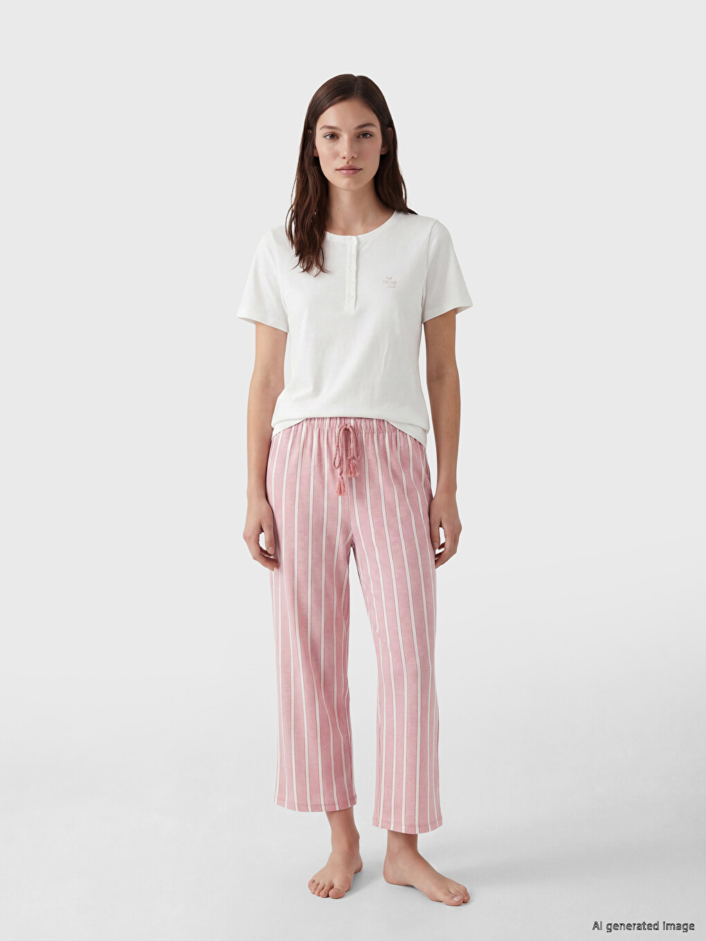 Pembe Çizgili Kadın Kaprili Pijama Takımı-1