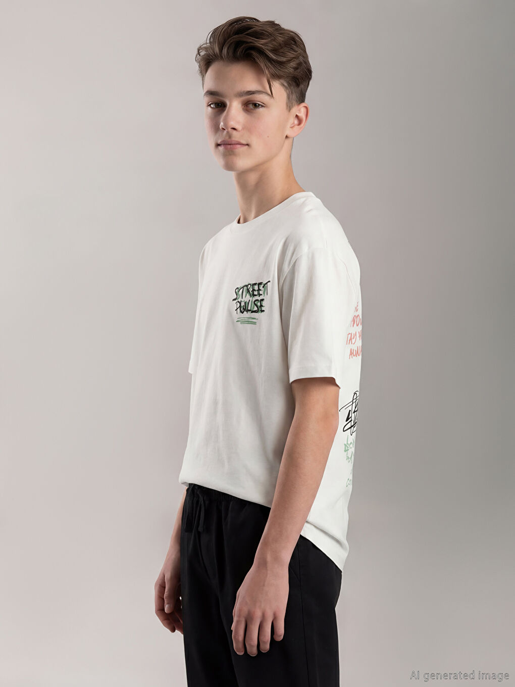 Beyaz Bisiklet Yaka Baskılı Erkek Çocuk Tişört