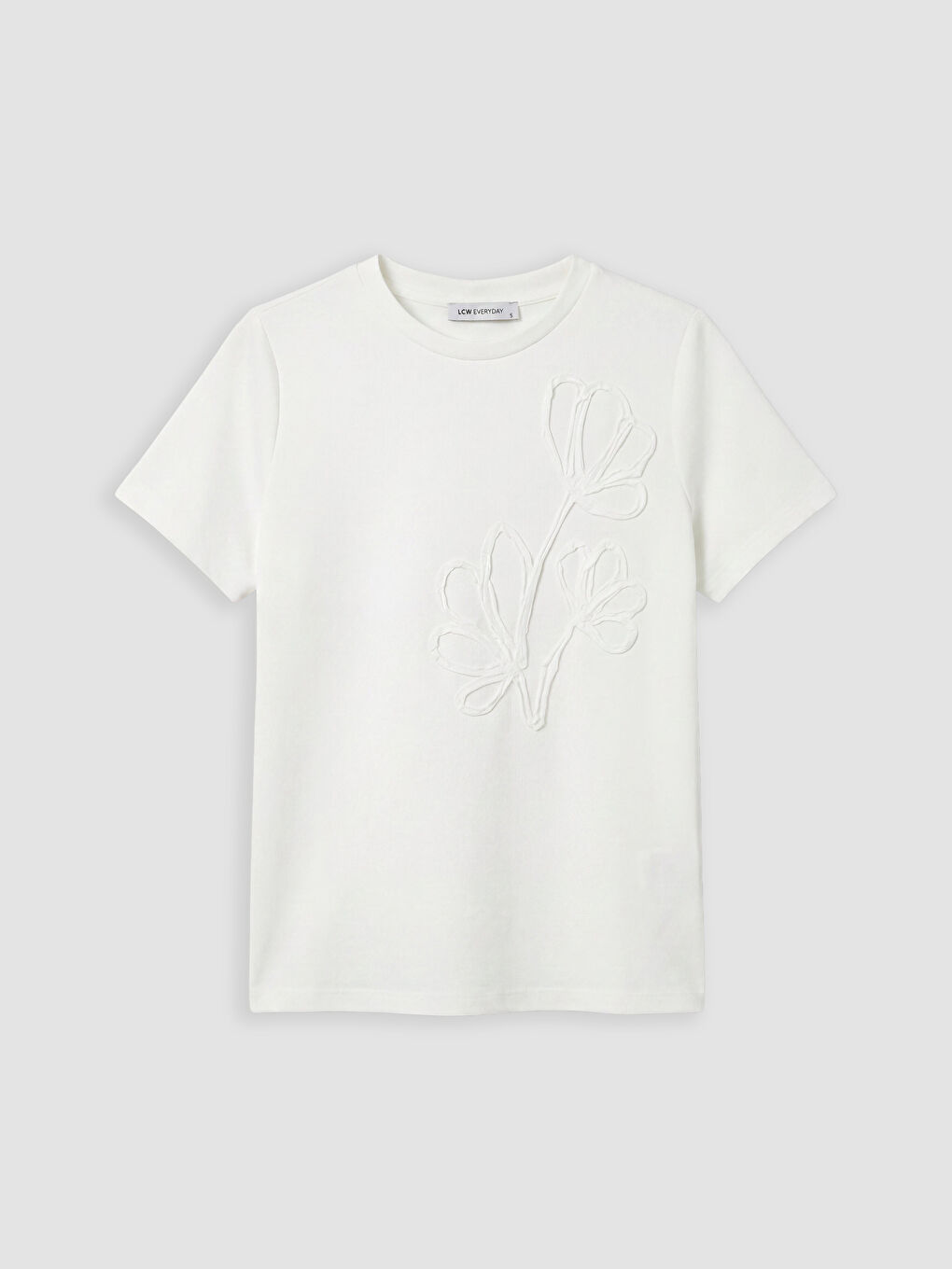 Beyaz Bisiklet Yaka Aplike İşlemeli Kadın Tişört