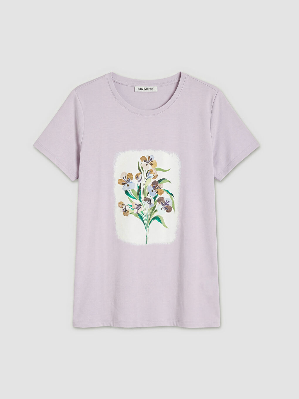 Lila Bisiklet Yaka Çiçek Baskılı Kadın Tişört