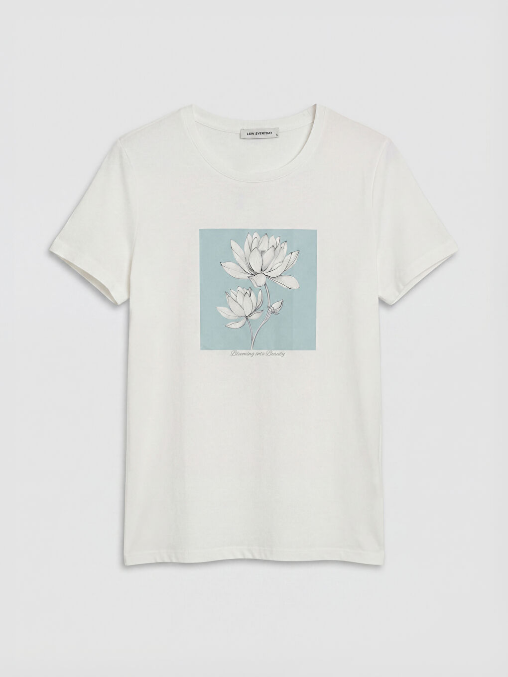 Beyaz Bisiklet Yaka Baskılı Kadın Tişört