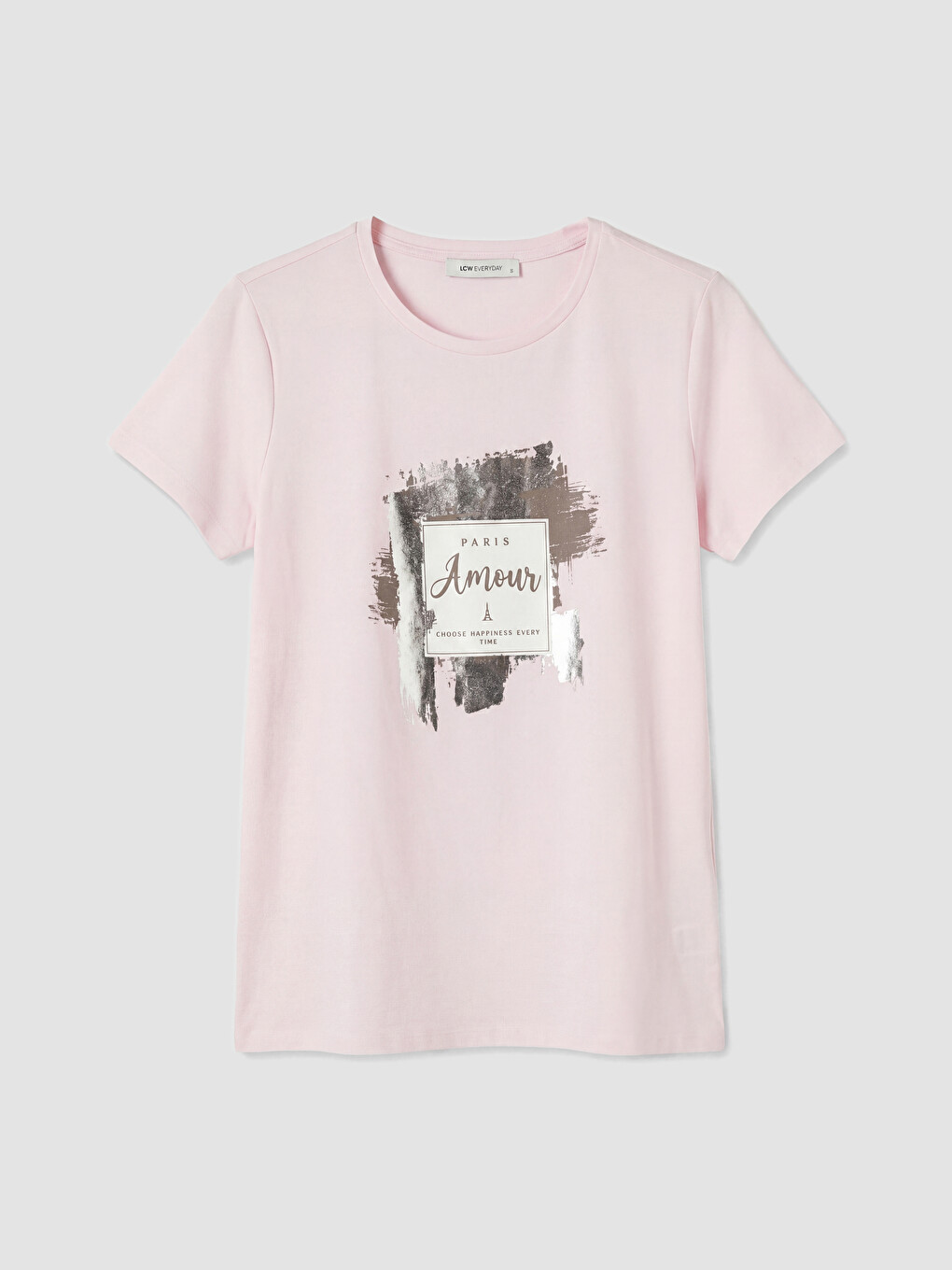 Pembe Bisiklet Yaka Paris Baskılı Kadın Tişört