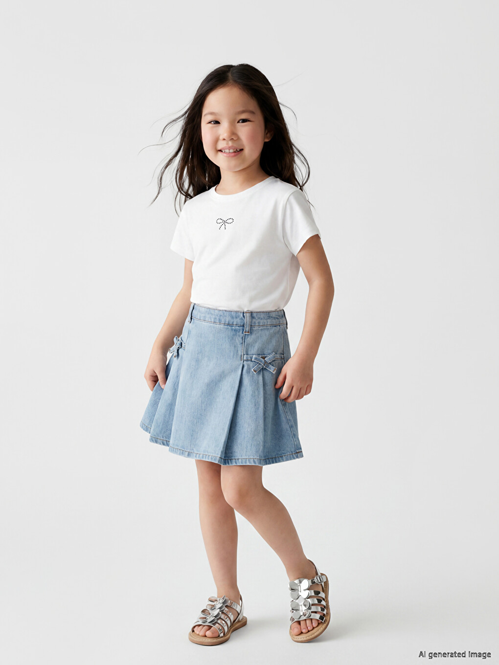 Pleated Girls' Denim Skirt