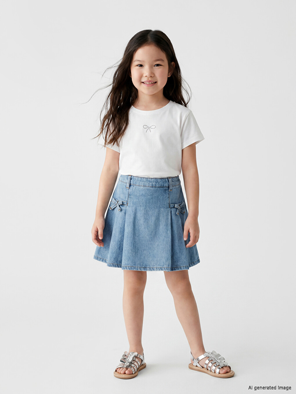 Pleated Girls' Denim Skirt-1