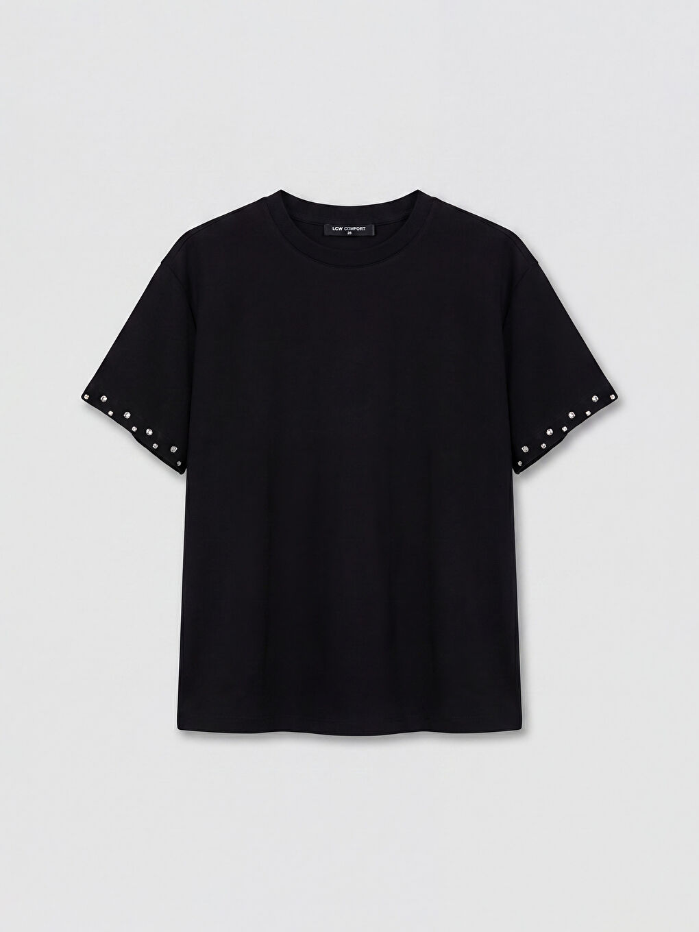 Siyah Bisiklet Yaka Taşlı Kadın Tişört