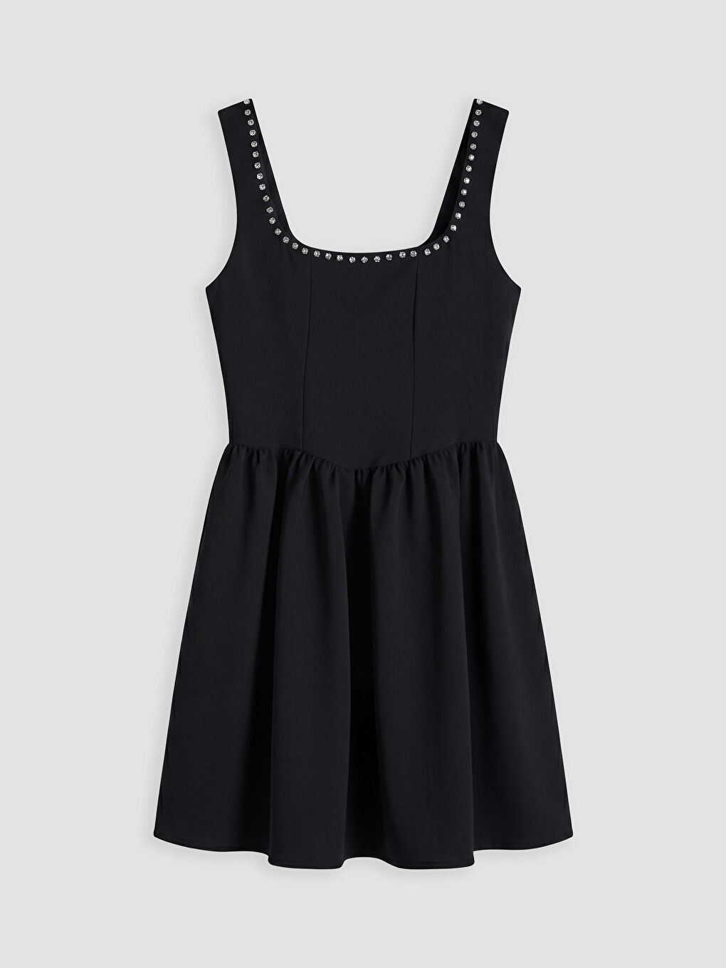 Siyah Kare Yaka Taşlı Mini Elbise-4