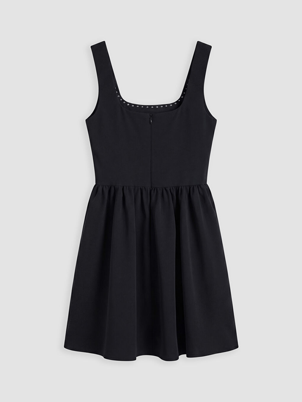 Siyah Kare Yaka Taşlı Mini Elbise-5