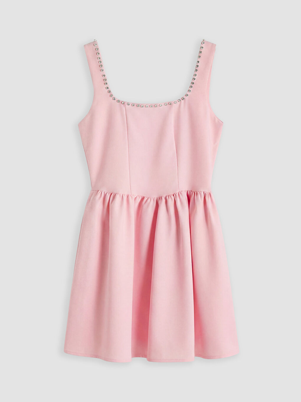 Pembe Kare Yaka Taşlı Mini Elbise-4