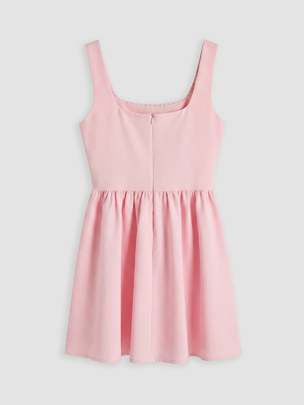 Pembe Kare Yaka Taşlı Mini Elbise-5