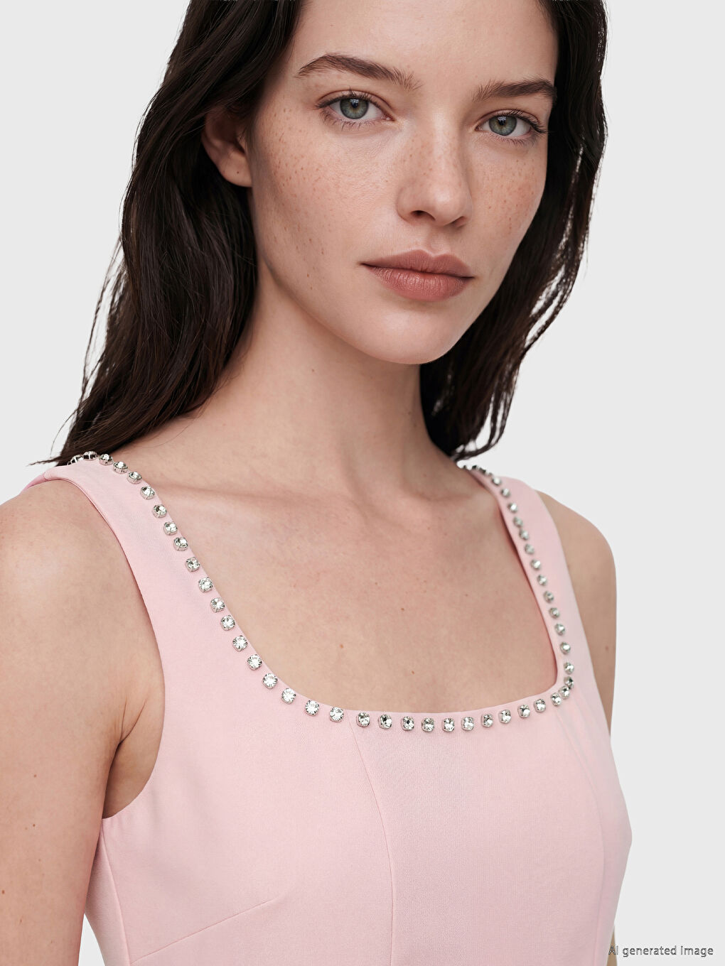 Pembe Kare Yaka Taşlı Mini Elbise-2