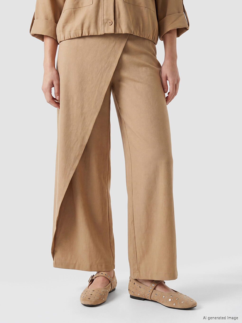 Wrap Closure Linen Blend Women's Trousers-1