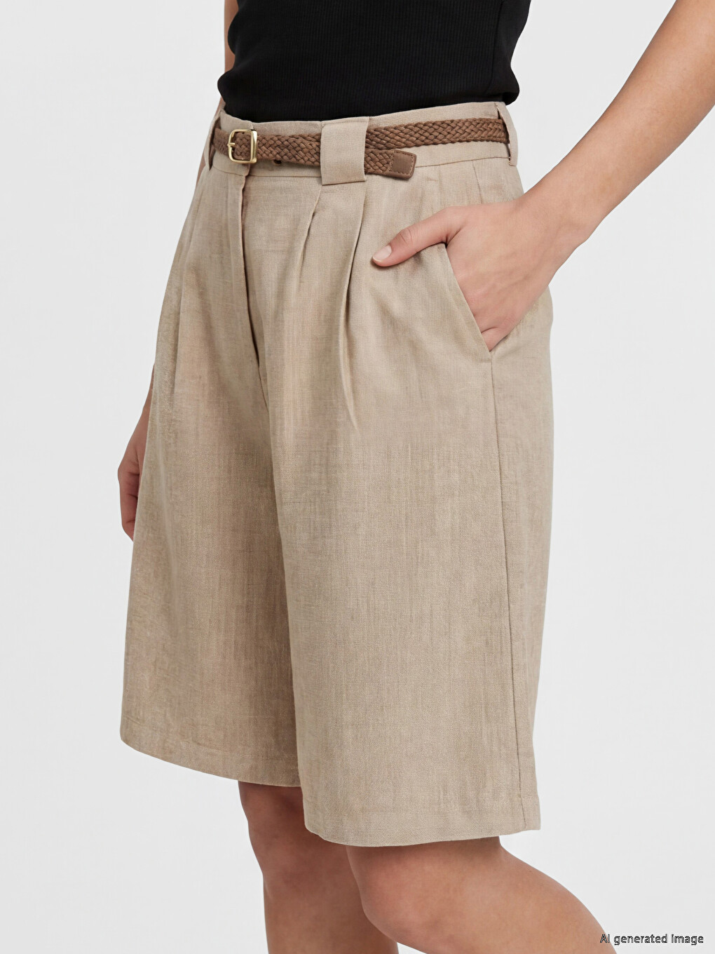 Belted Waist Linen Blend Women's Shorts-2