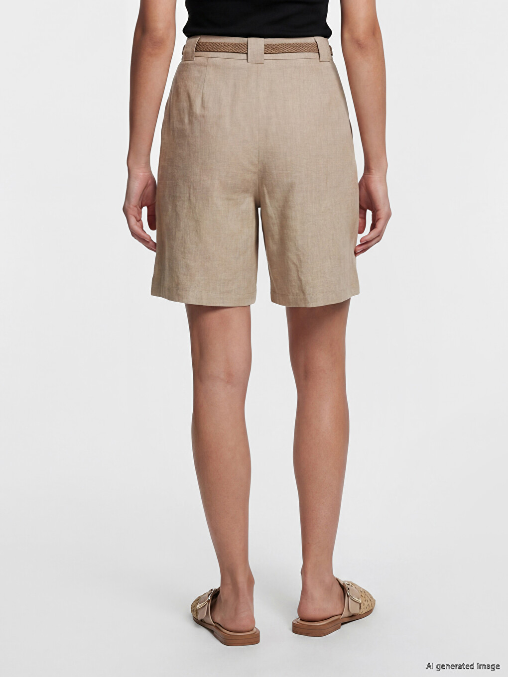 Belted Waist Linen Blend Women's Shorts-3