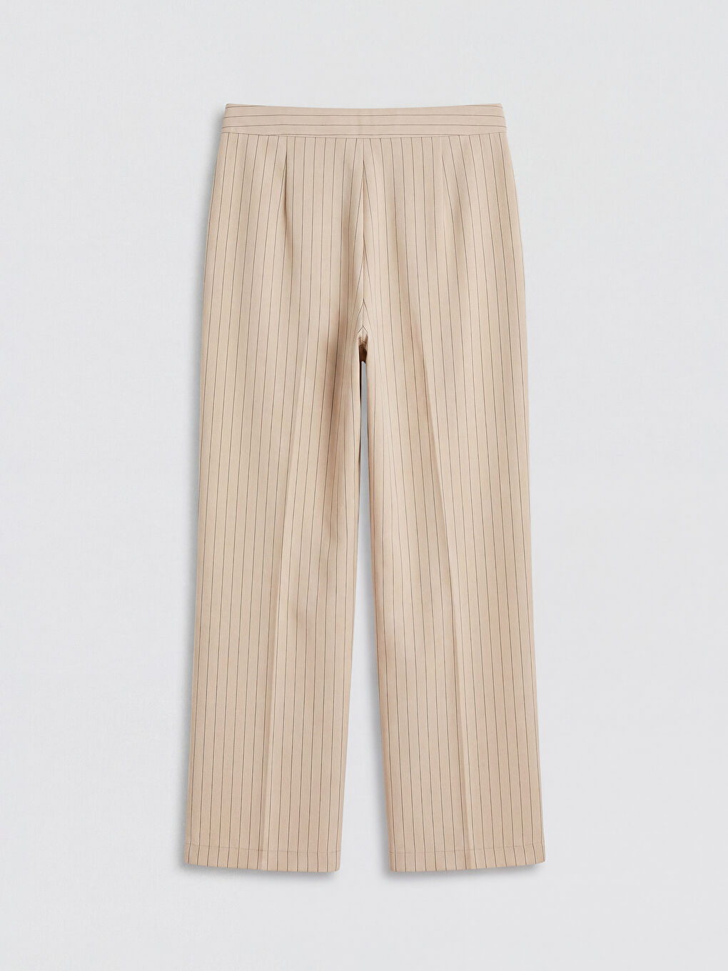 Ekru Çizgili Keten Karışımlı Kadın Pileli Pantolon-1