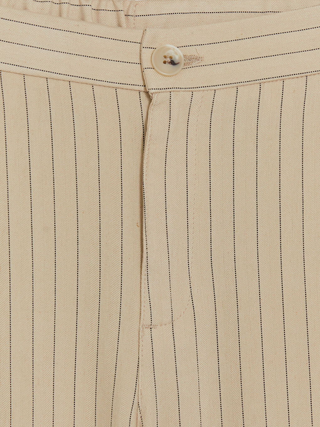 Ekru Çizgili Keten Karışımlı Kadın Pileli Pantolon-2