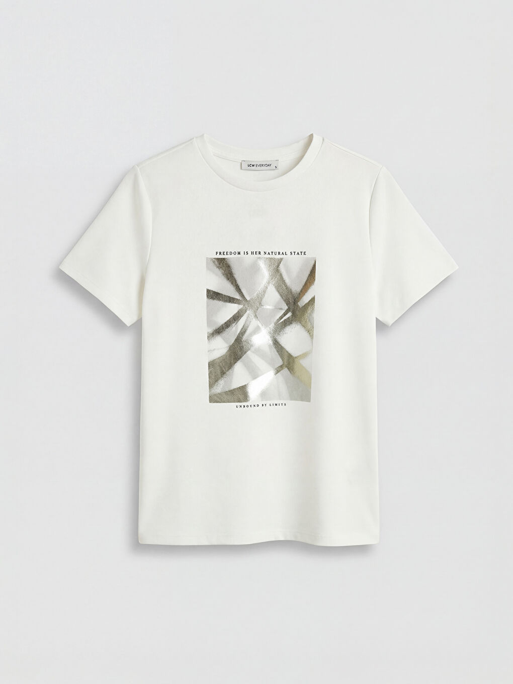 Ekru Bisiklet Yaka Baskılı Kadın Tişört