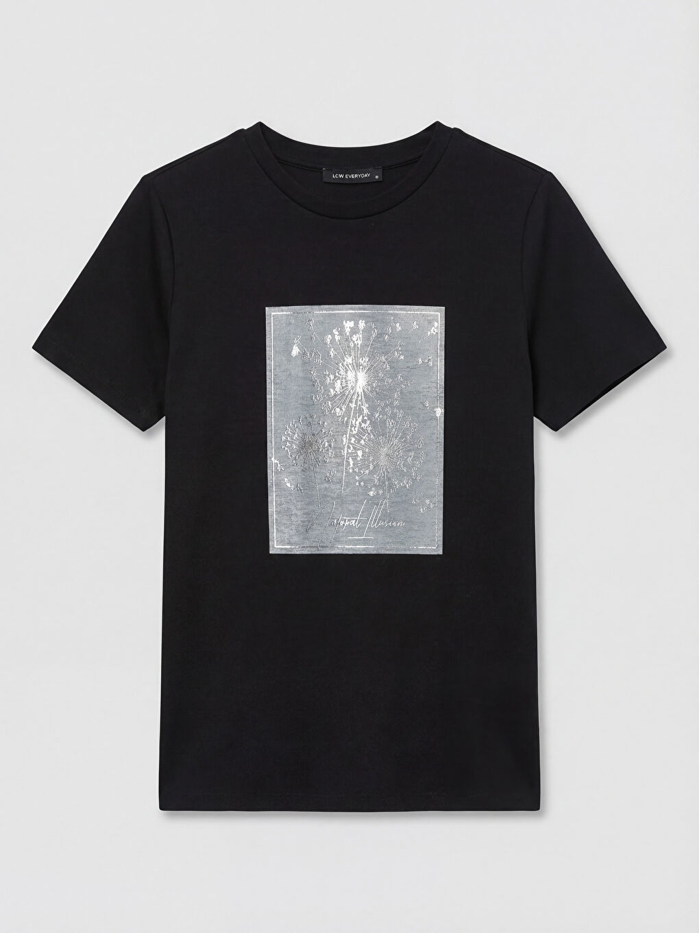 Siyah Bisiklet Yaka Baskılı Kadın Tişört