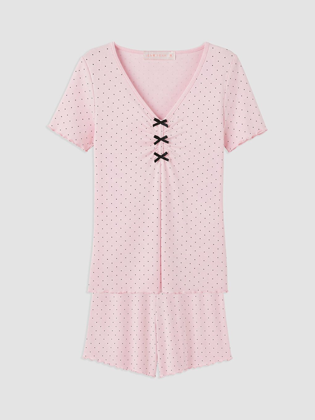 Pembe V Yaka Puantiyeli Kadın Şortlu Pijama Takımı