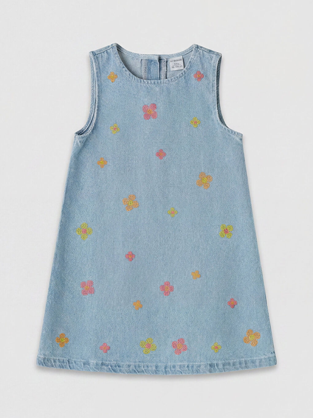 Mavi Çiçek Nakışlı Kız Çocuk Jean Elbise