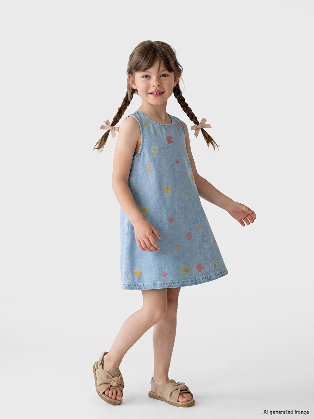 Floral Embroidered Girls' Jean Dress