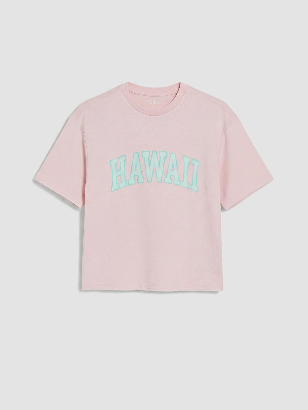 Pembe Bisiklet Yaka Hawaii Baskılı Kadın Tişört