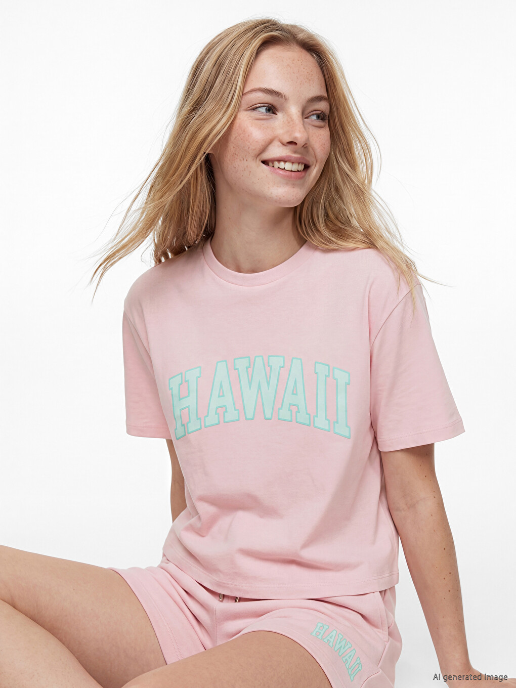 Pembe Hawaii Baskılı Soft Touch Kadın Tişört