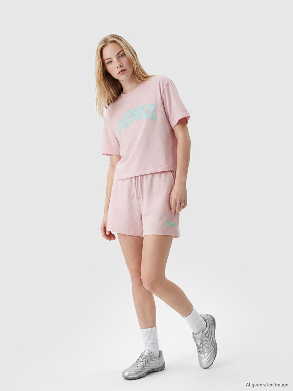 Pembe Hawaii Baskılı Soft Touch Kadın Tişört-1