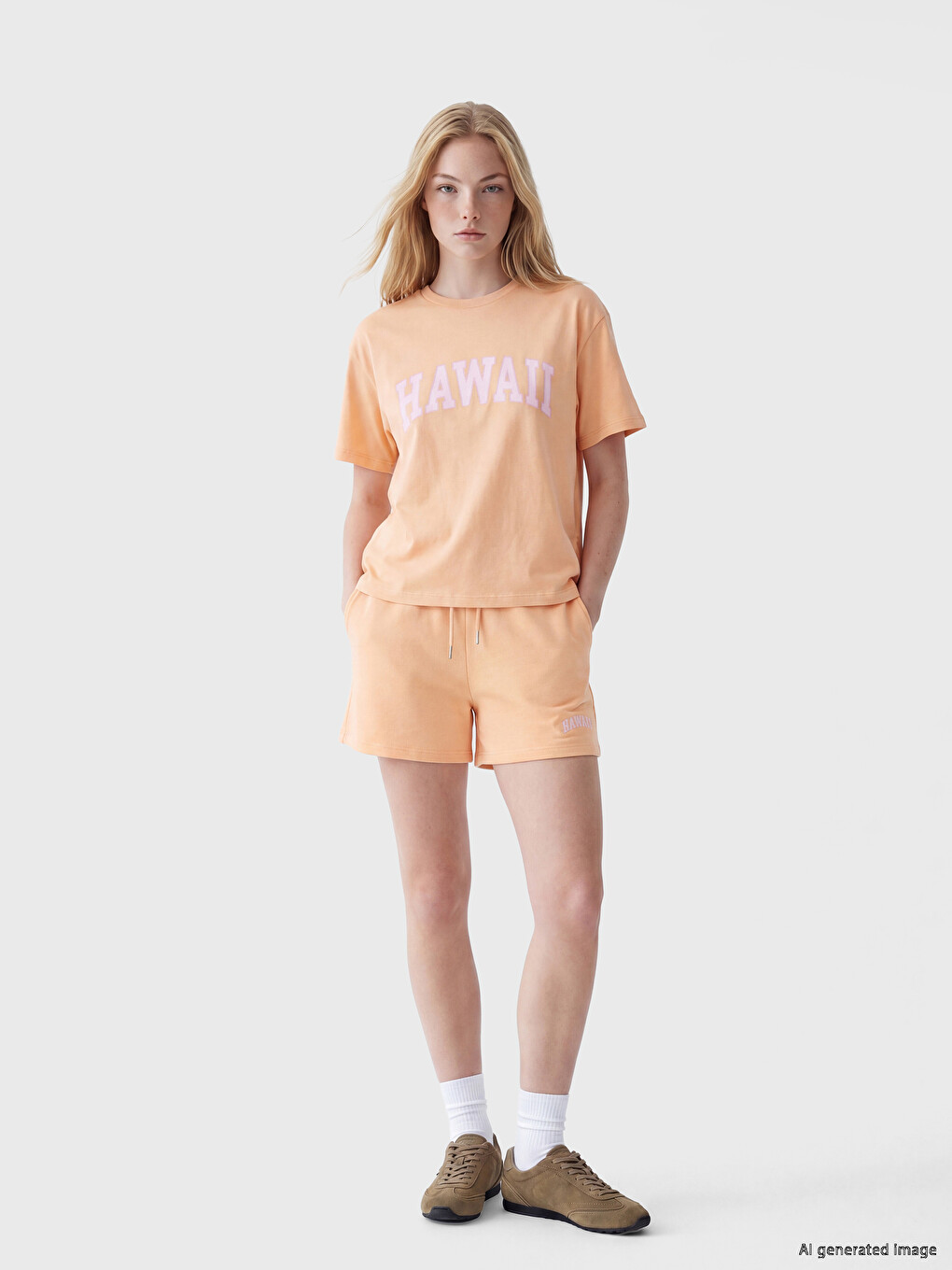Mercan Hawaii Baskılı Soft Touch Kadın Tişört-1
