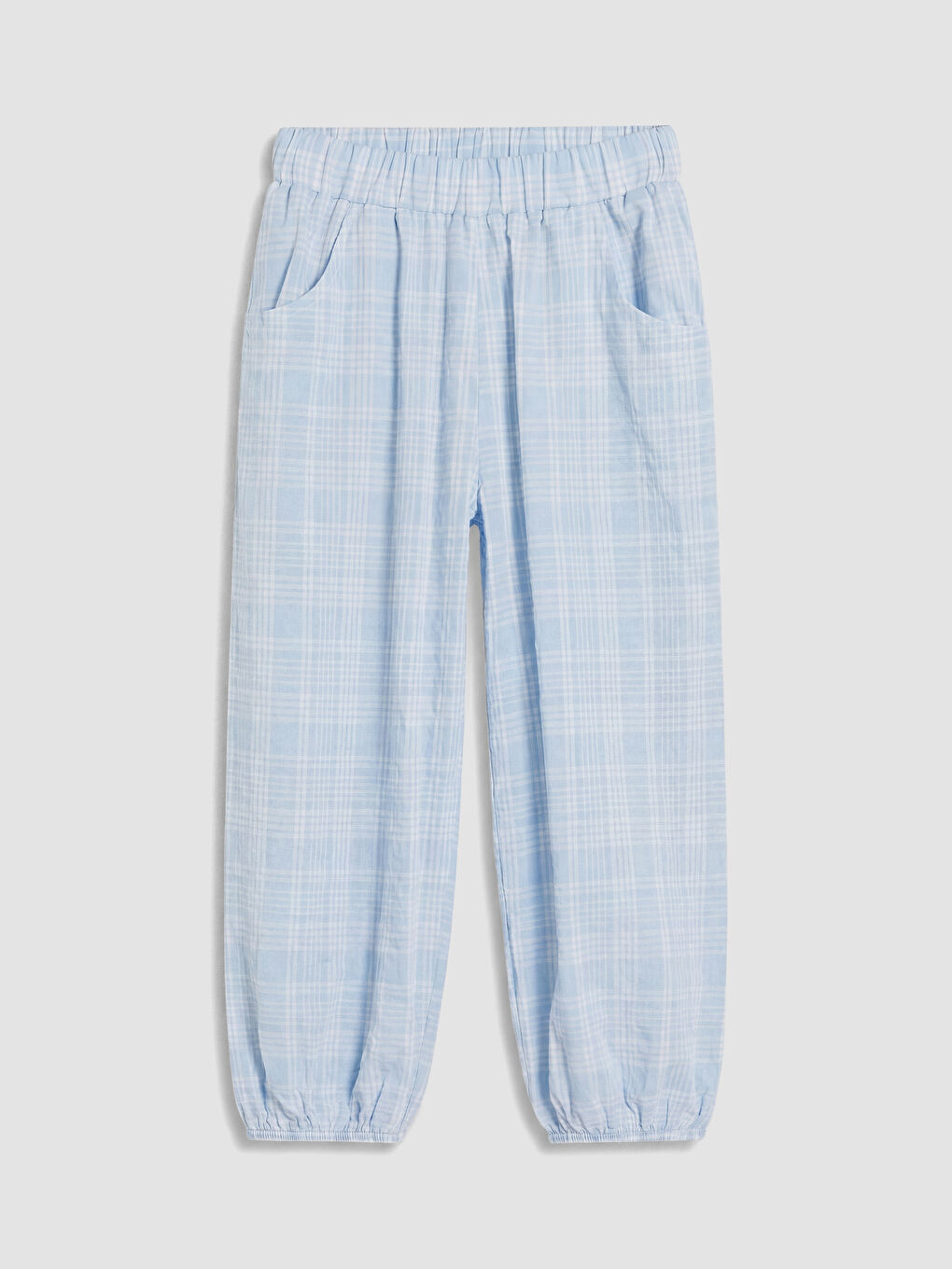 Mavi Loose Fit Beli Lastikli Kız Çocuk Kareli Pantolon