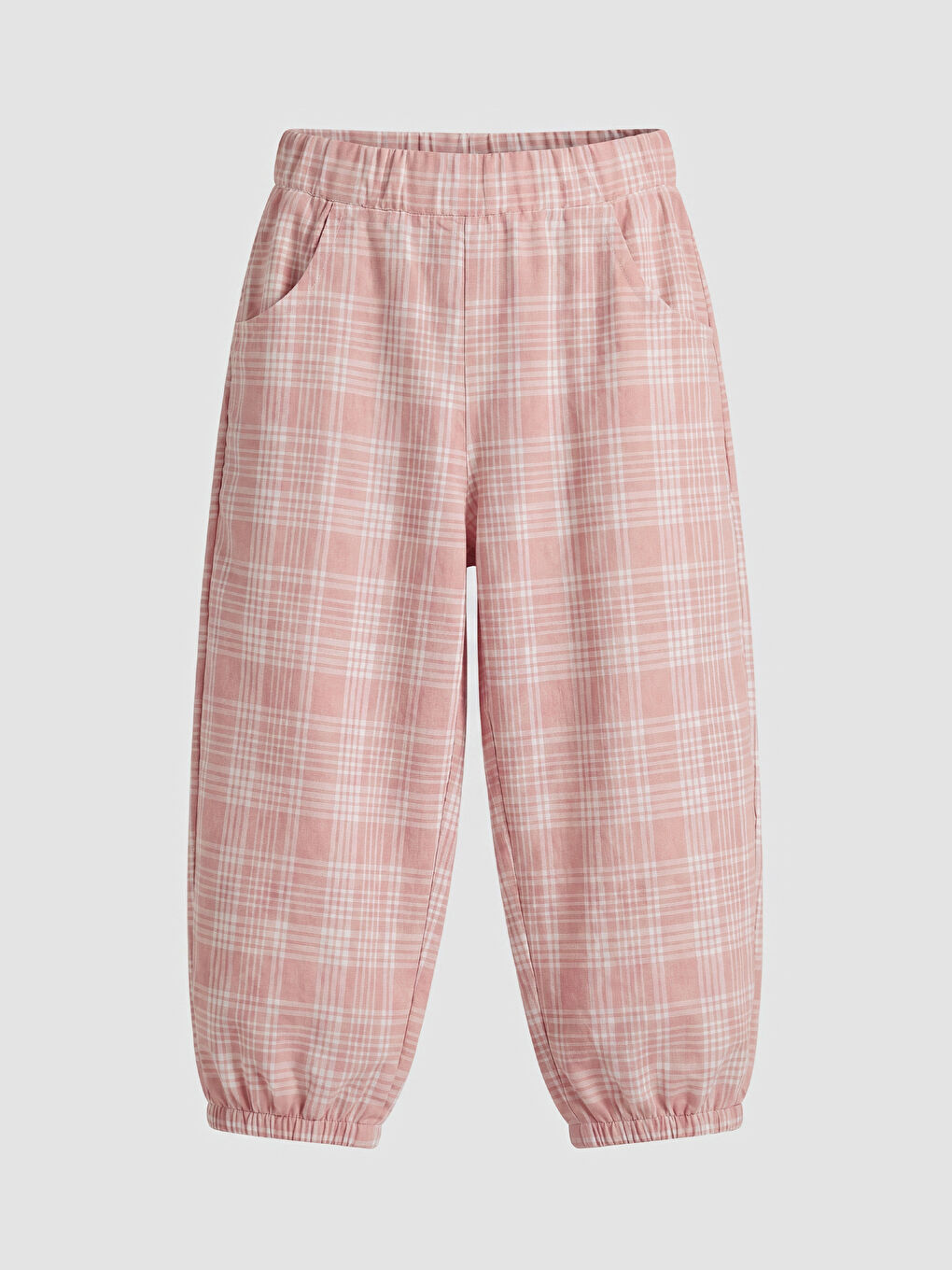 Pembe Beli Lastikli Kız Çocuk Kareli Pantolon