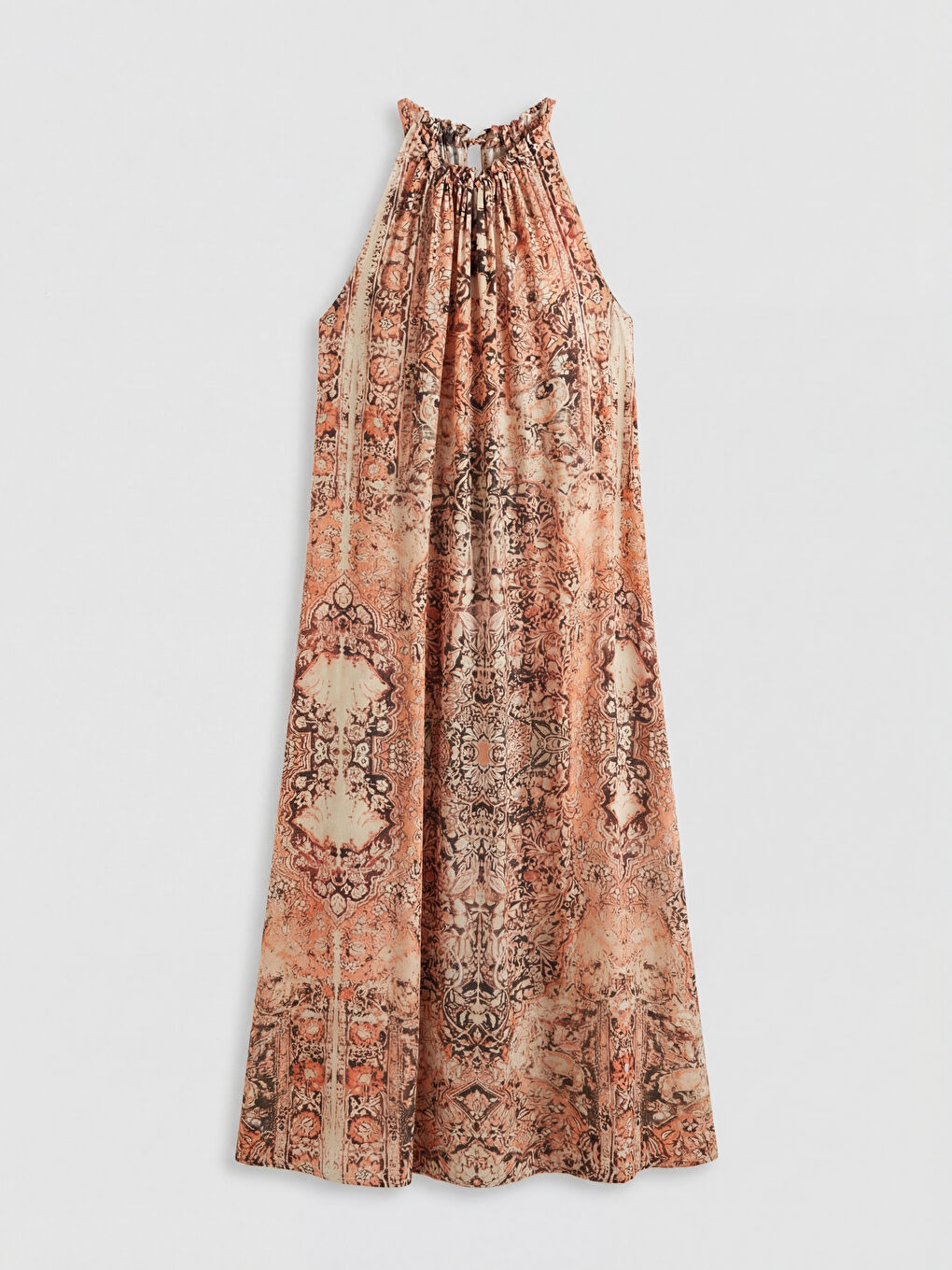 Kahverengi Halter Yaka Desenli Büzgülü Elbise