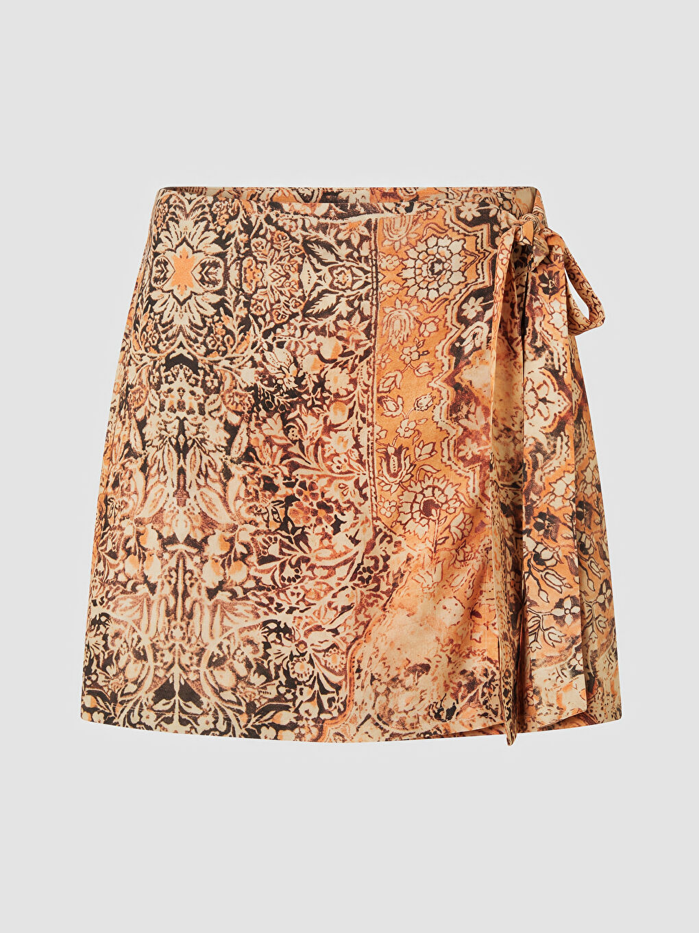 Kahverengi Yandan Bağlamalı Desenli Mini Etek