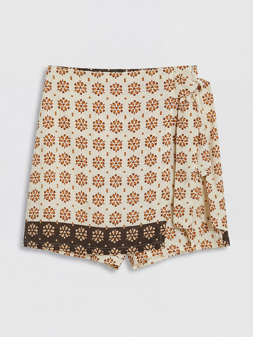 Kahverengi Beli Fermuarlı Desenli Kadın Şort Etek