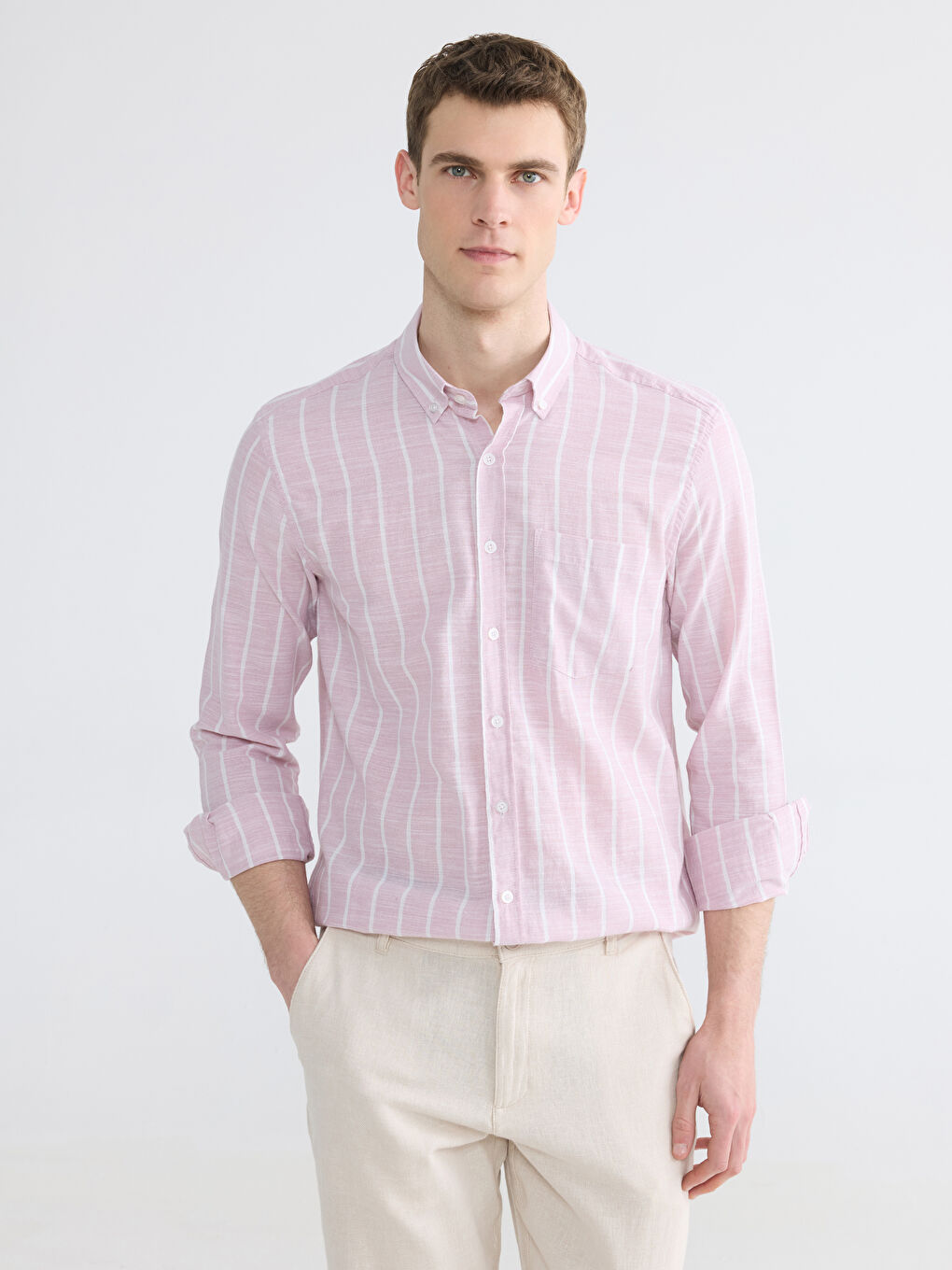 Pembe Regular Fit Çizgili Erkek Dokulu Gömlek