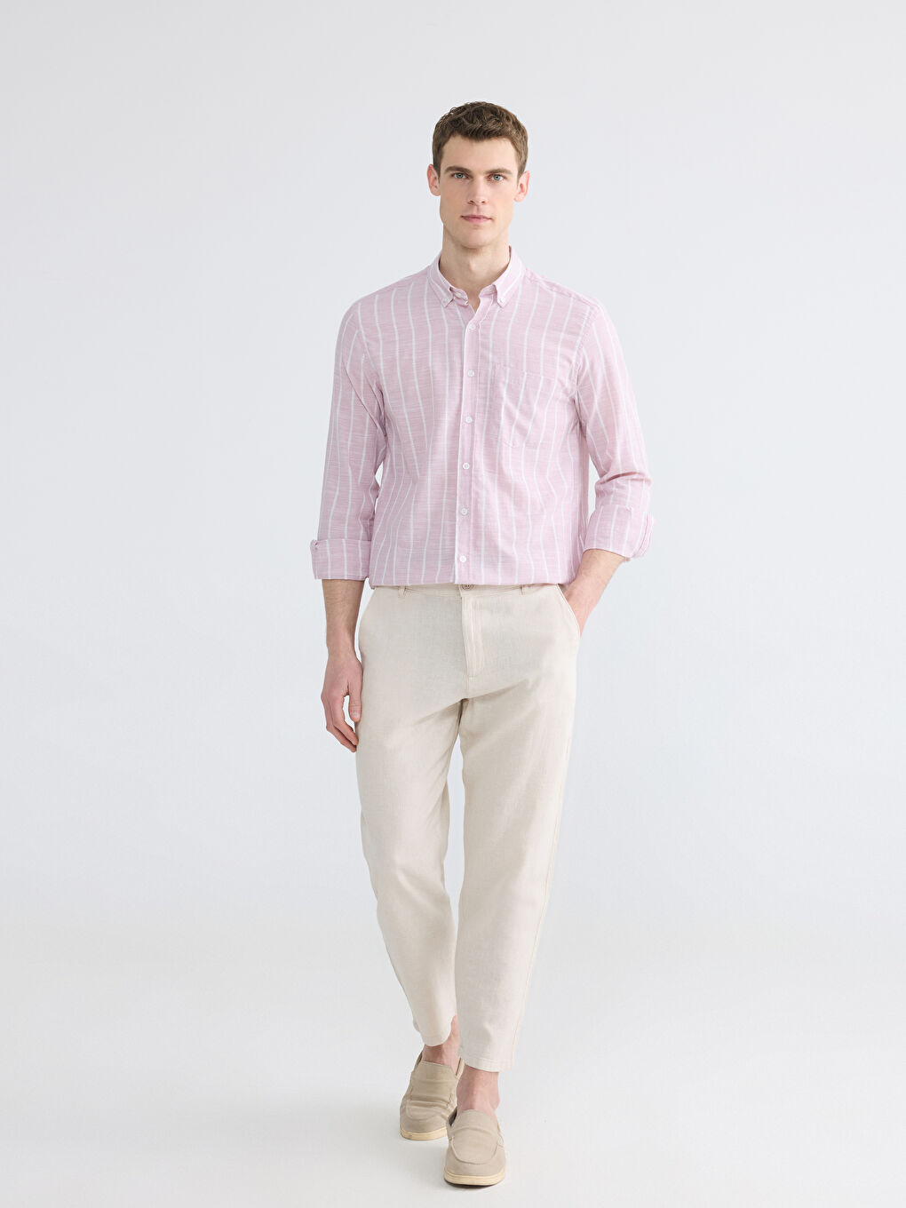 Pembe Regular Fit Çizgili Erkek Dokulu Gömlek-1
