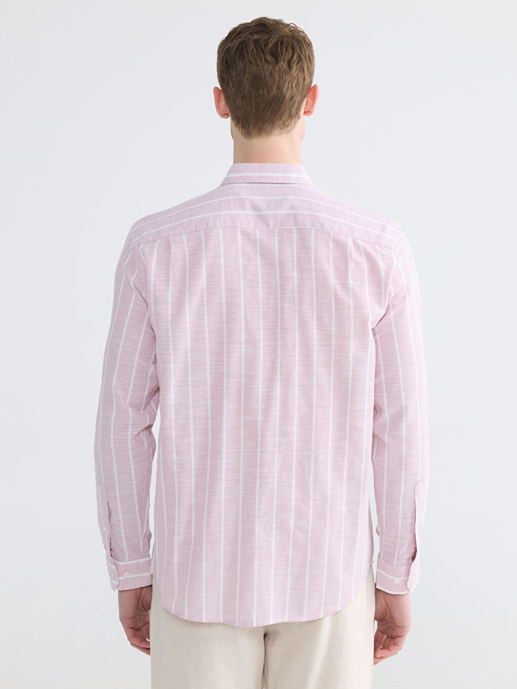 Pembe Regular Fit Çizgili Erkek Dokulu Gömlek-3