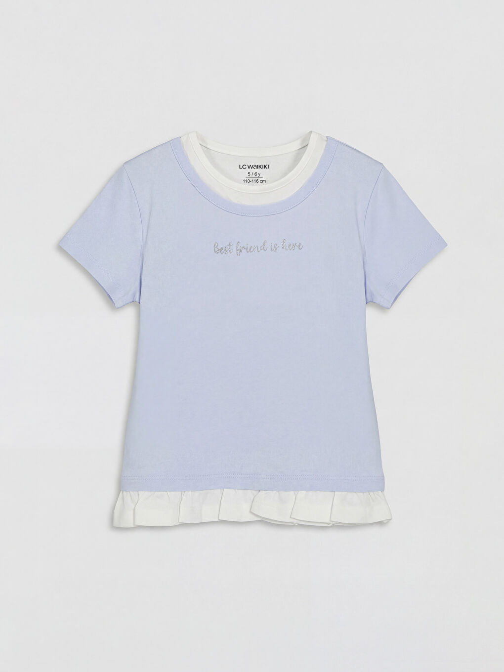 Mavi Bisiklet Yaka Baskılı Kız Çocuk Fırfırlı Tişört