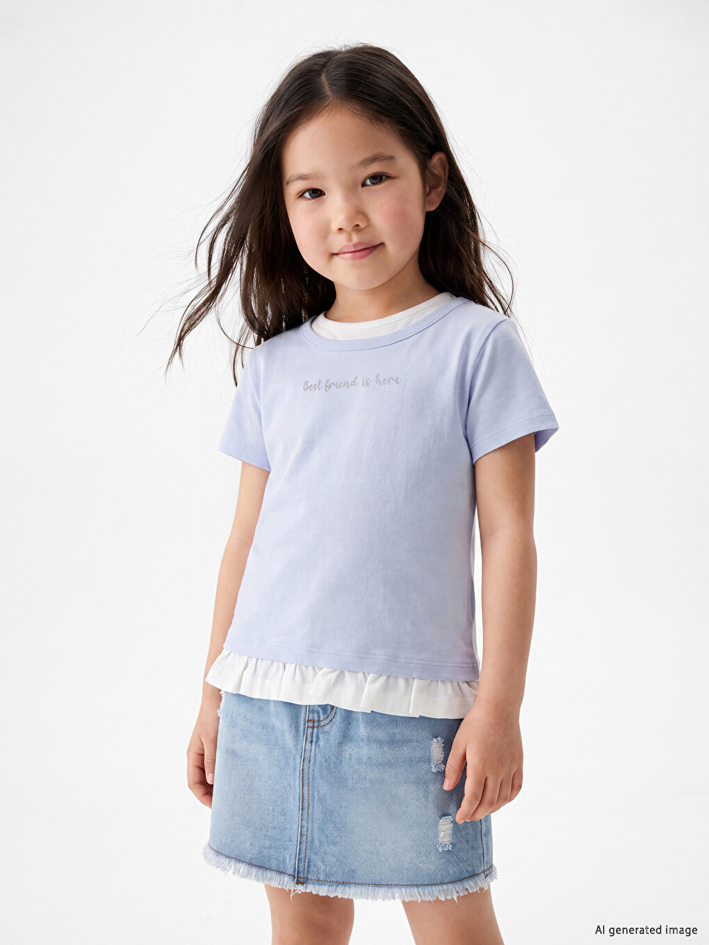 Crew Neck Printed Girls' Ruffled T-shirt-1
