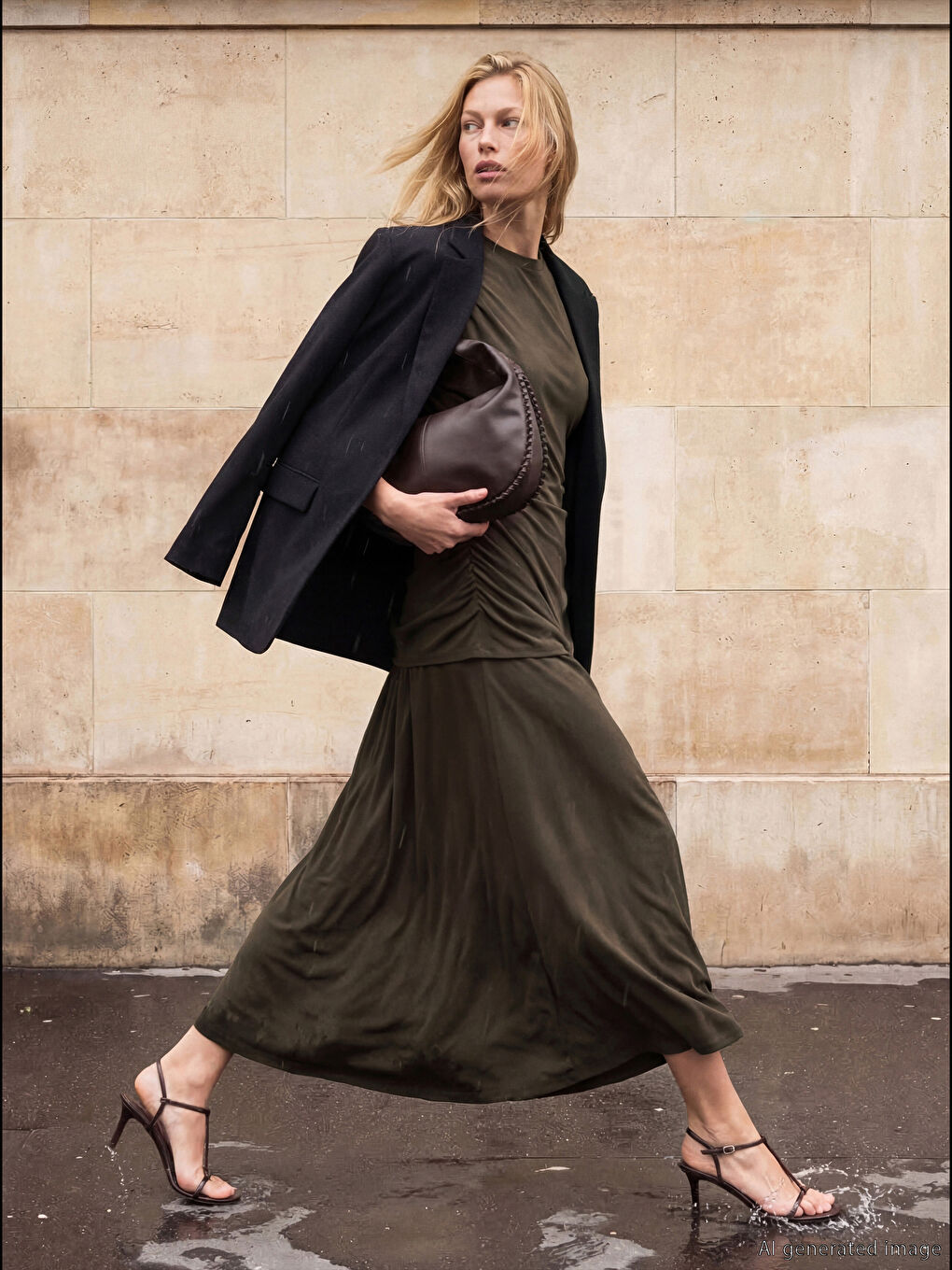 Kahverengi Bisiklet Yaka Büzgülü Uzun Elbise