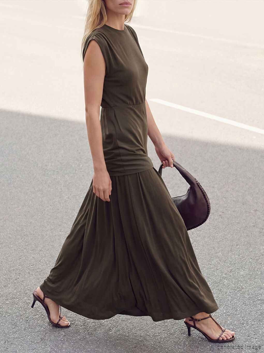 Kahverengi Bisiklet Yaka Büzgülü Uzun Elbise-2