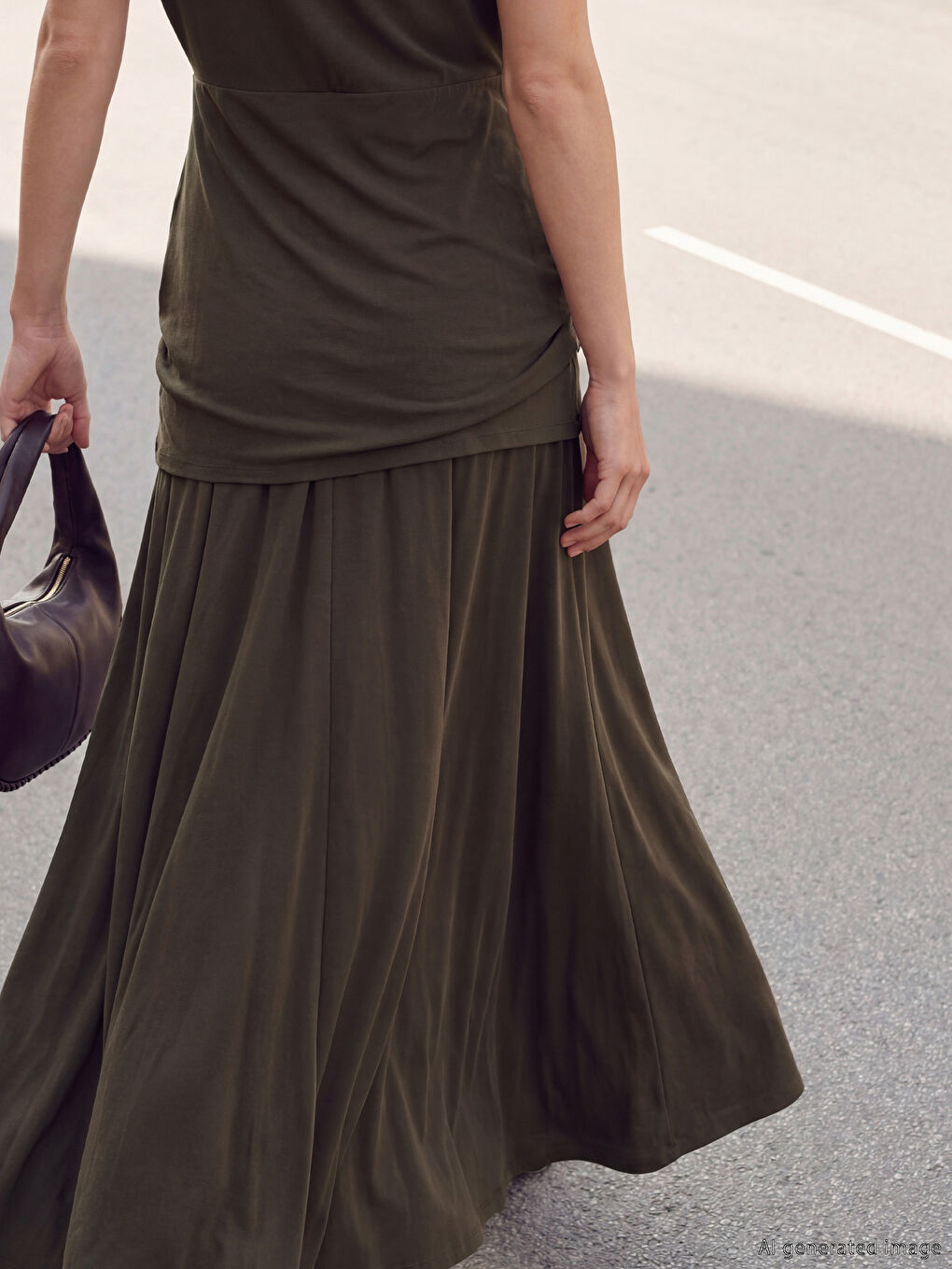 Kahverengi Bisiklet Yaka Büzgülü Uzun Elbise-3