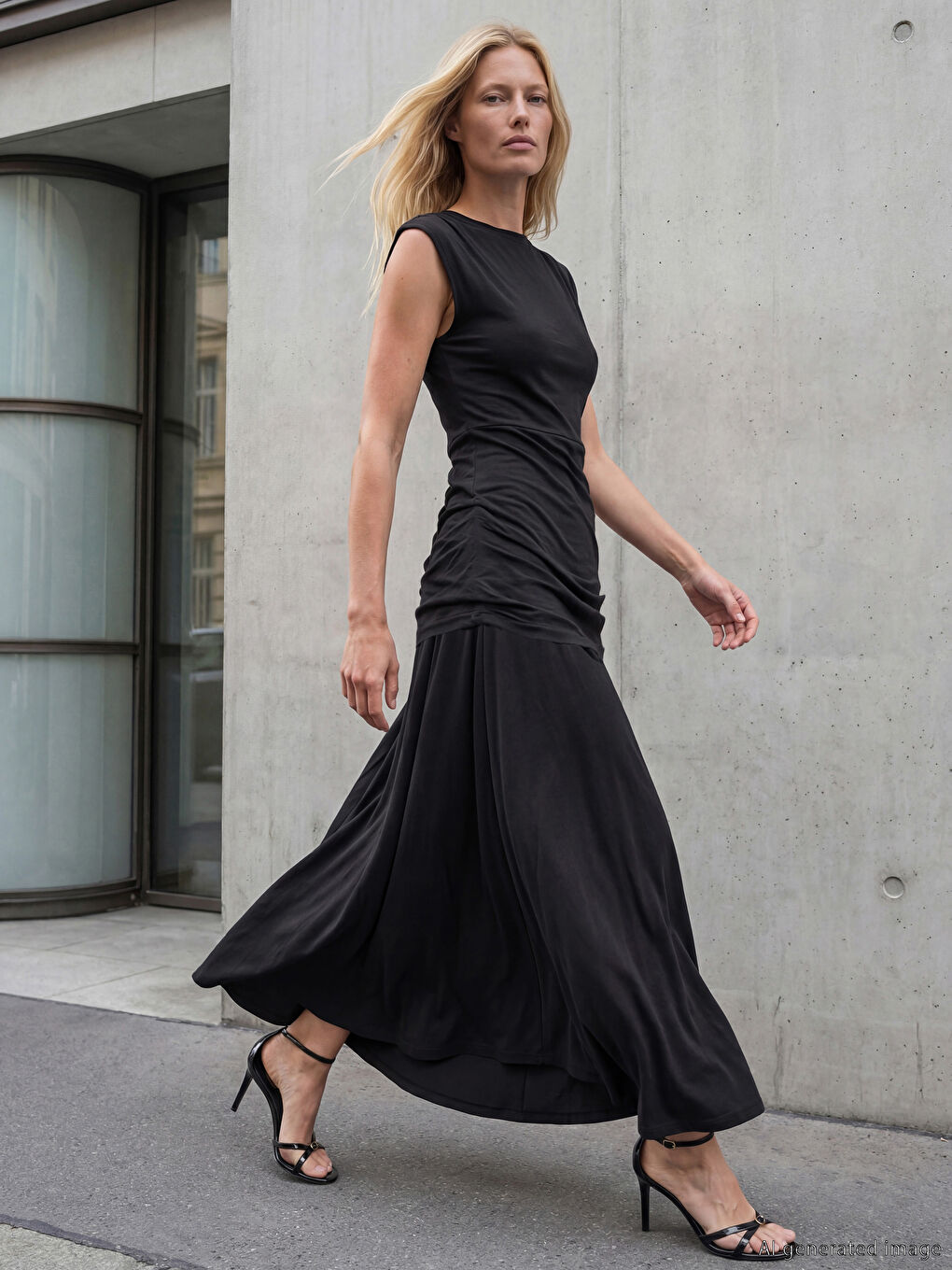 Antrasit Bisiklet Yaka Büzgülü Uzun Elbise-1