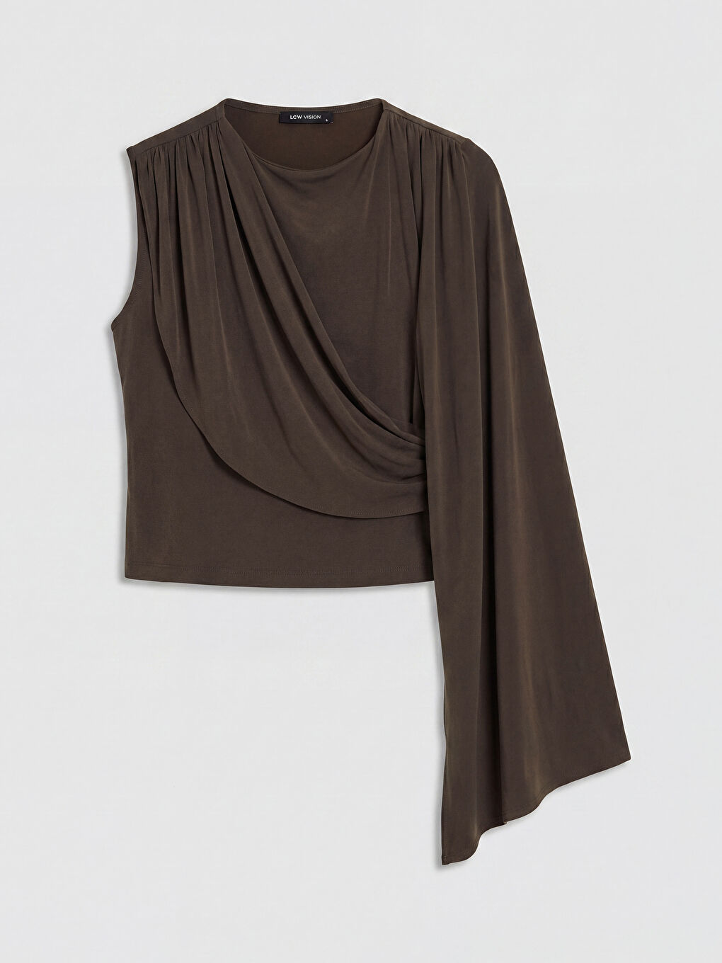 Kahverengi Şal Detaylı Tek Omuz Bluz-6