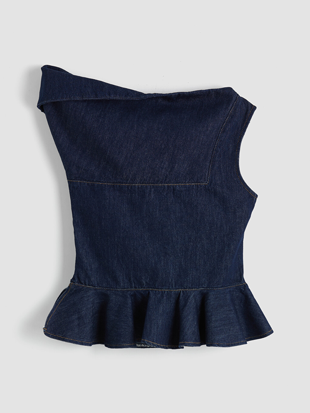 İndigo Tek Omuz Peplum Fırfırlı Jean Bluz-2