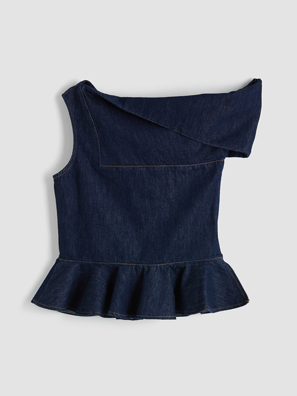 İndigo Tek Omuz Peplum Fırfırlı Jean Bluz-4