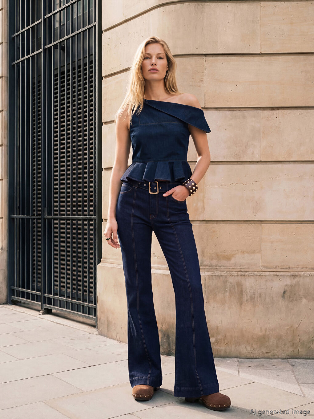 İndigo Yüksek Bel Flare Kadın Jean Pantolon-1