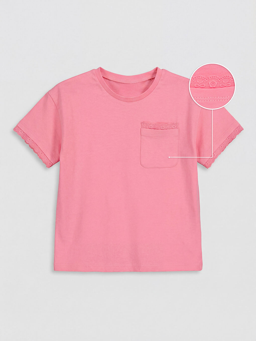 Pembe Bisiklet Yaka Dantel Detaylı Kız Çocuk Tişört