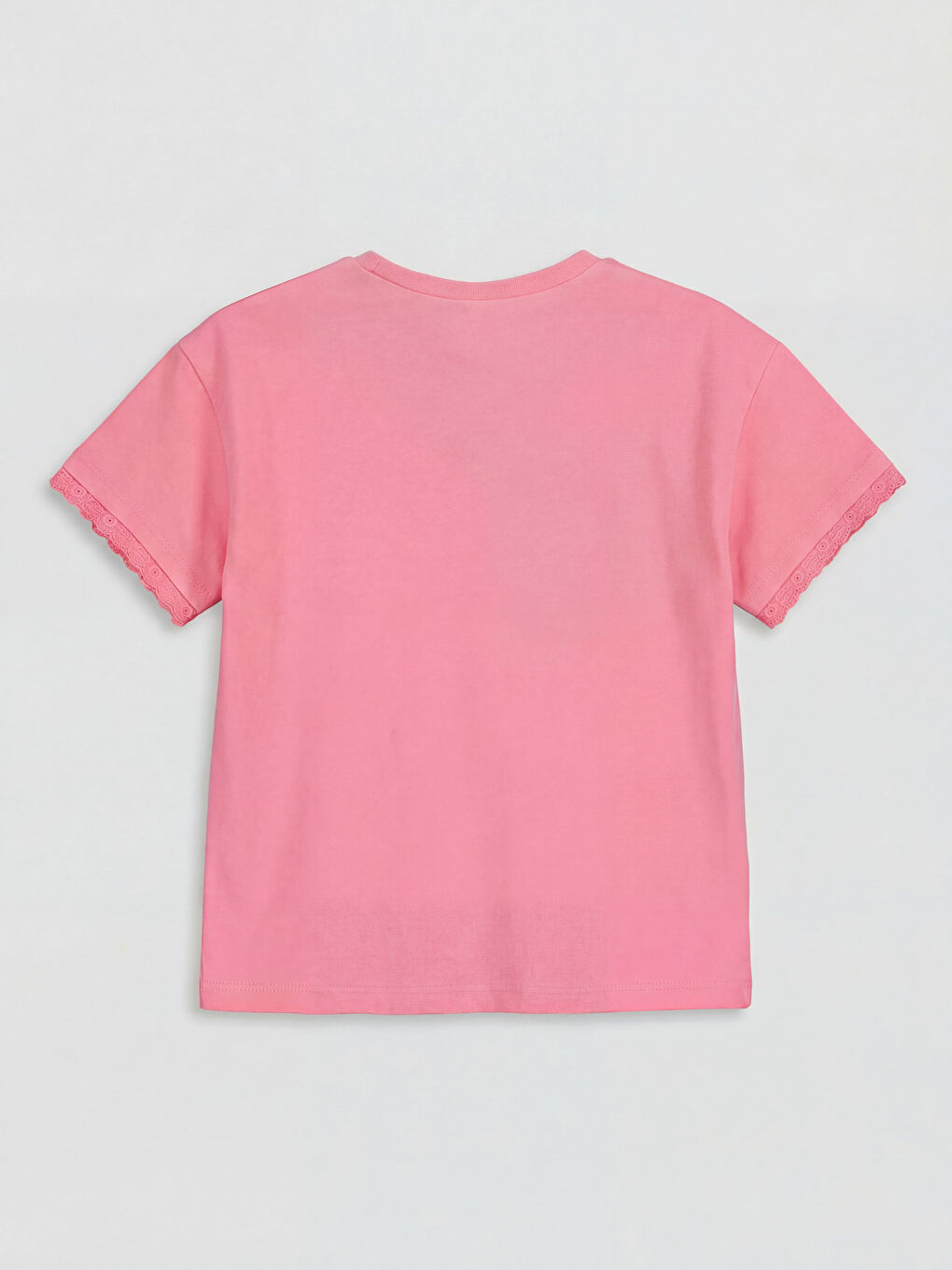 Pembe Bisiklet Yaka Dantel Detaylı Kız Çocuk Tişört-1