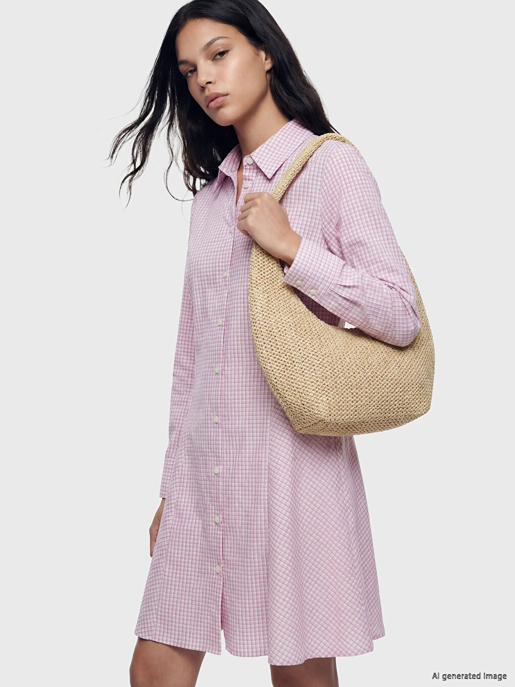 Pembe Ekose A Kesim Mini Gömlek Elbise-1